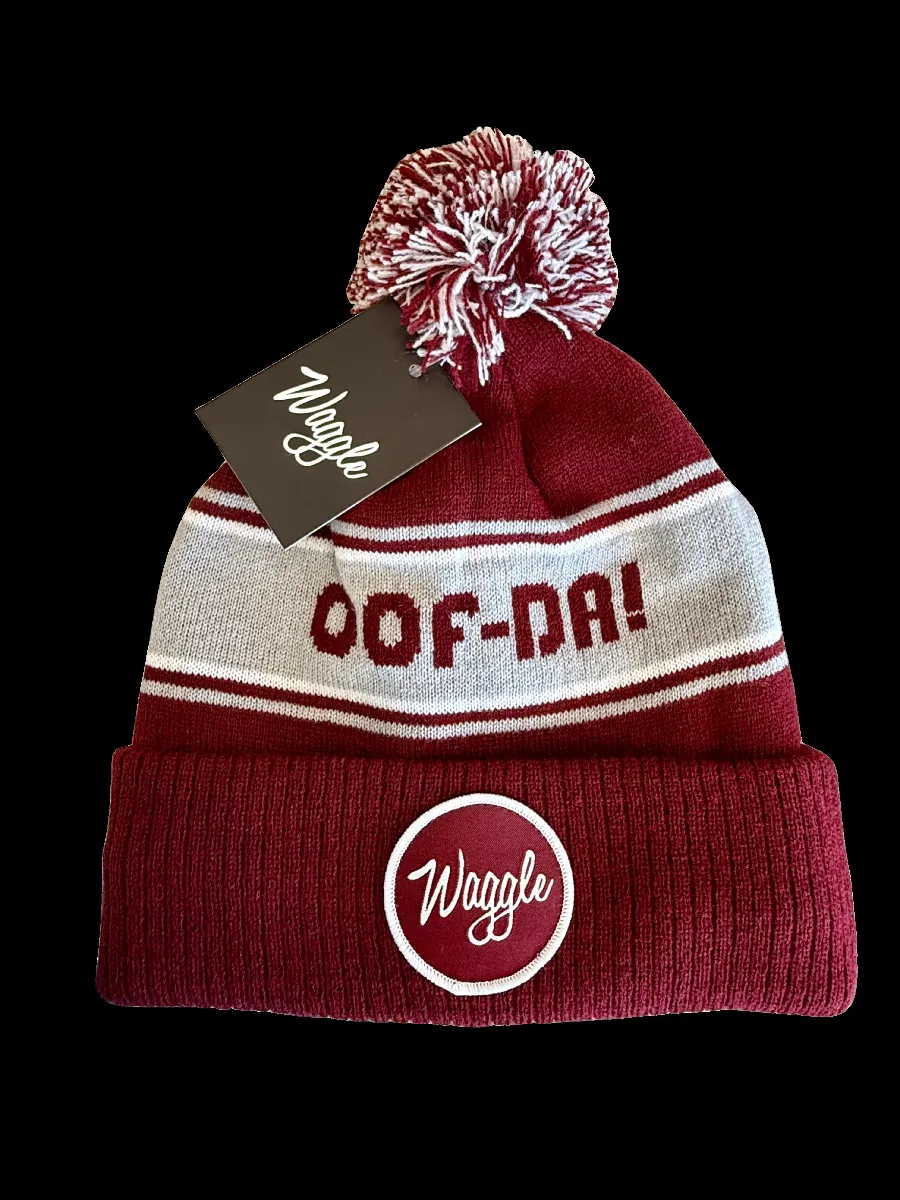 Waggle Beanie Red and gray Waggle pom pom beanie that says Off Da!